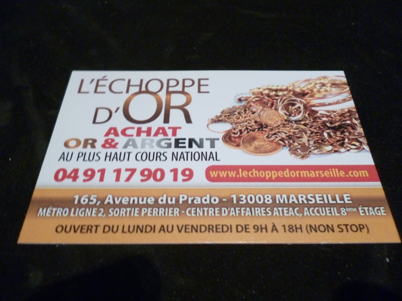 Carte de visite de notre bureau d'achat d'or Marseille 165 avenue du prado 13008 marseille.